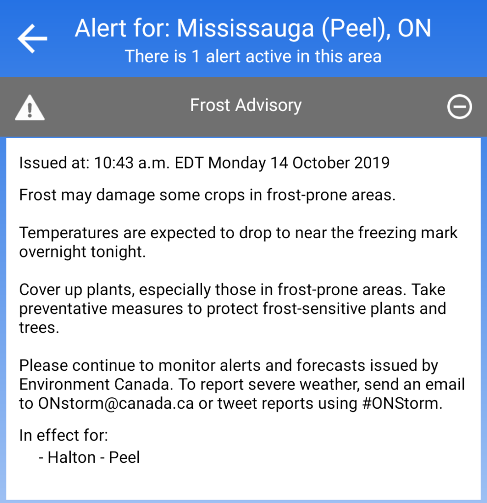 Frost Advisory Warning for Peel